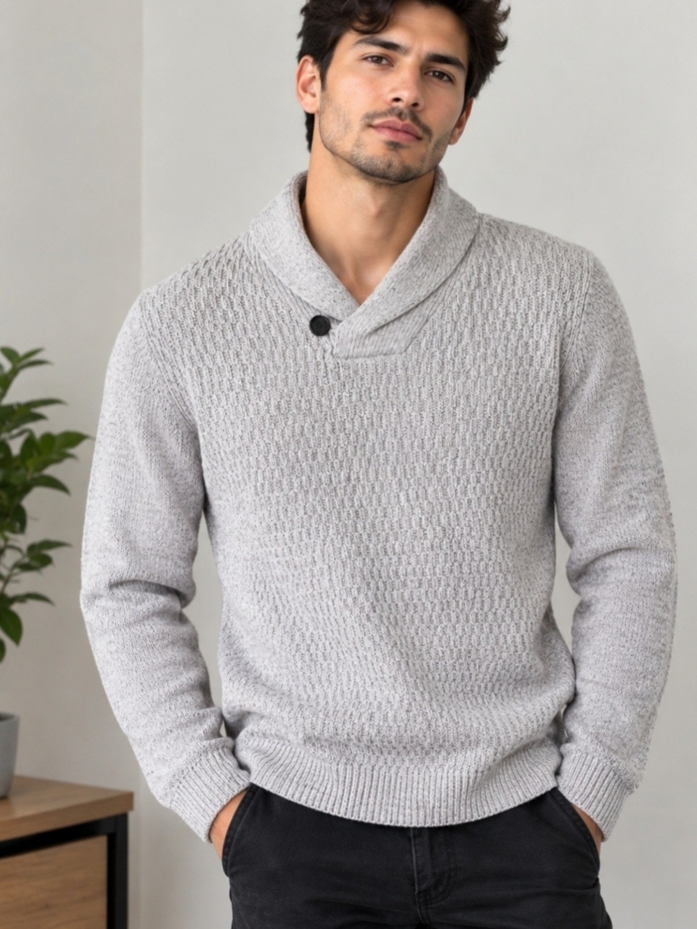 Primark Men's Light Gray Turtleneck Shawl Sweater